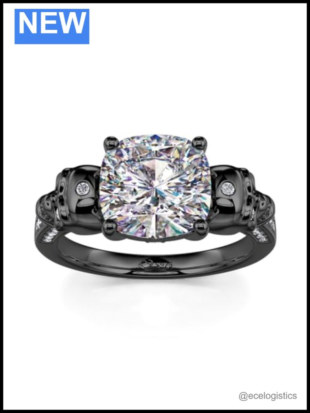 3.9ct Sterling Silver Skull Engagement Ring Cushion Cut Gothic Wedding
